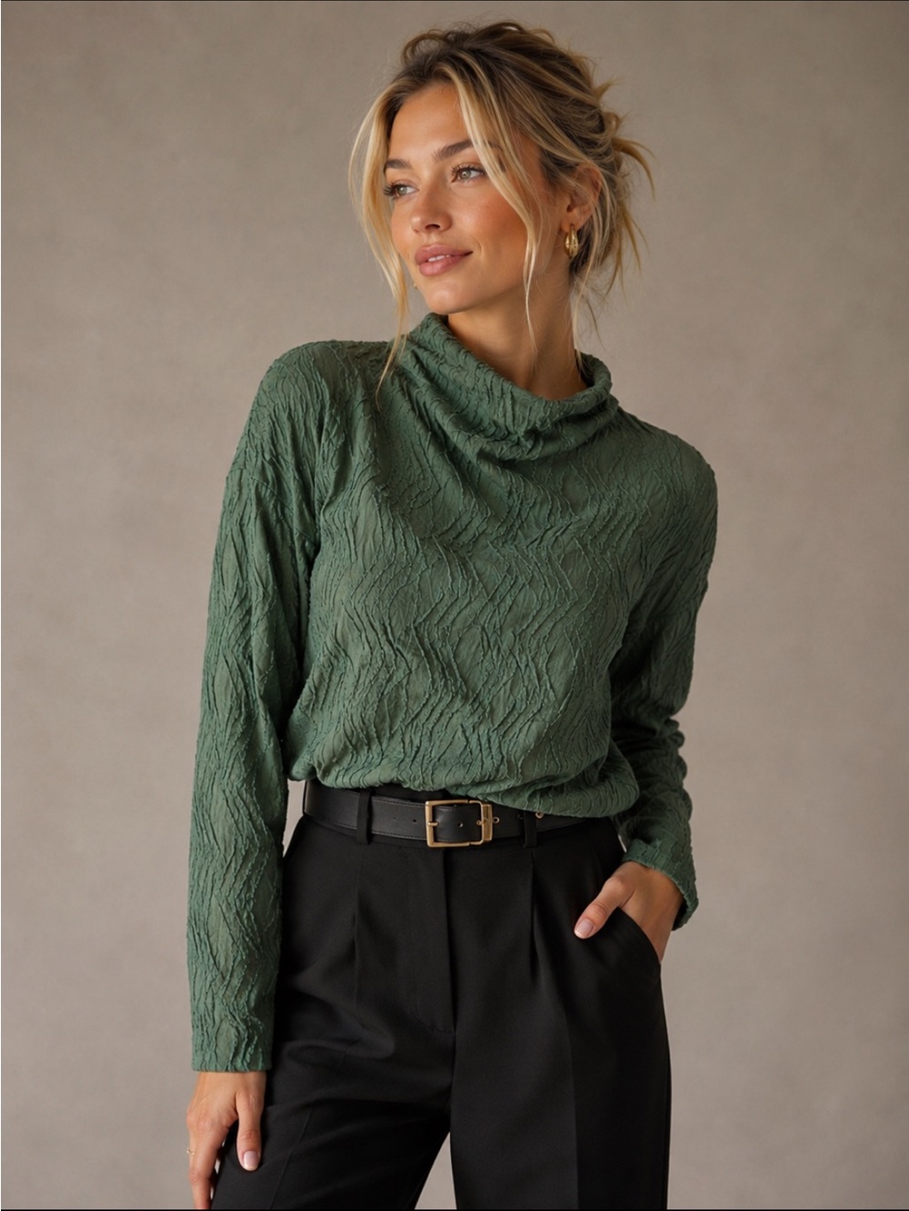 Anthropologie Textured Funnel-Neck Top – Size XS – Chic Minimalist Staple Green